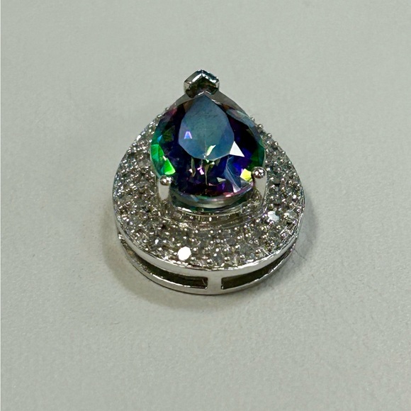 10k 10 karat white gold, mystic topaz, and diamond teardrop pendant necklace - Picture 3 of 11